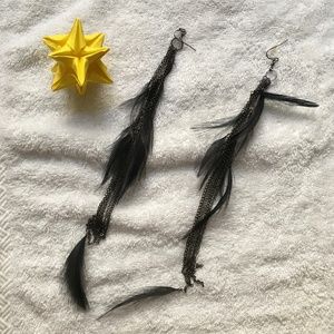 Boho Chic Black Feather and Chain Twin Earrings